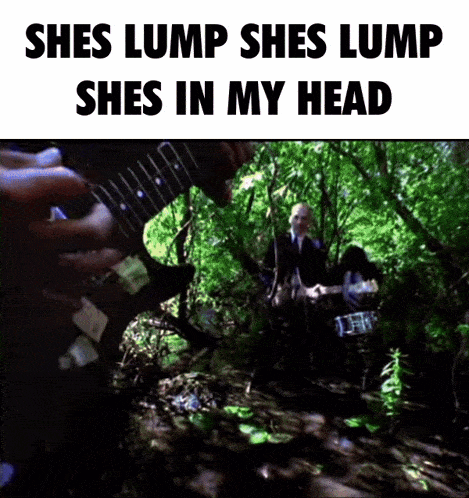 a man playing a guitar in the woods with the words shes lump shes lump shes in my head below him