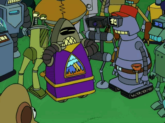 a cartoon drawing of a group of robots with one wearing a hat with the number 10 on it