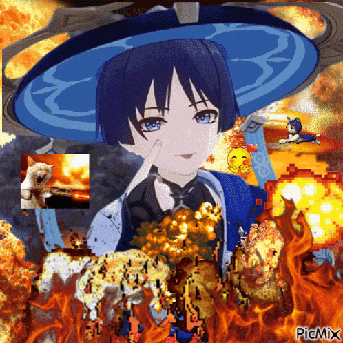 a picture of a girl with a blue hat is surrounded by flames and a cat