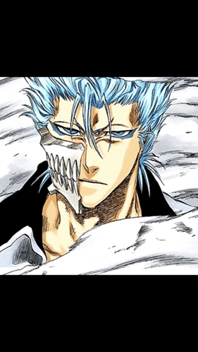 a drawing of a man with blue hair and a white mask on his face