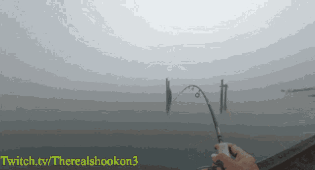 a person holding a fishing rod in front of a body of water