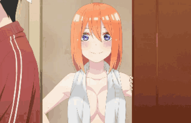 a girl with red hair and blue eyes is standing in a doorway with a towel around her neck