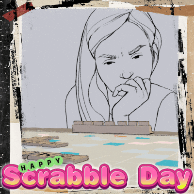 a poster for scrabble day with a drawing of a woman thinking