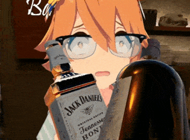 a girl with glasses is holding a bottle of jack daniel 's tennessee honey