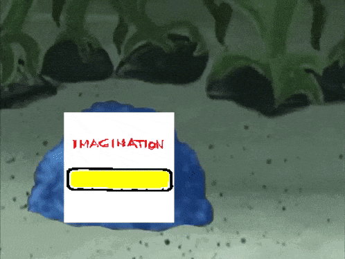 a cartoon drawing of a blue sponge with the word imagination in red