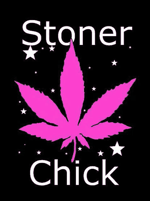 a pink marijuana leaf is on a black background with the words `` stoner chick '' .