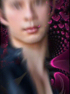 a close up of a woman 's face with a purple background