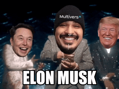 a man wearing a beanie that says multivers is surrounded by two other men and says elon musk