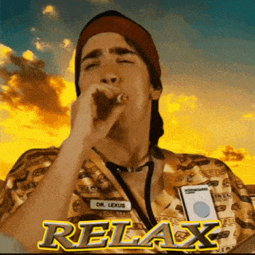 a man wearing a name tag that says dr. lexus is smoking a cigar