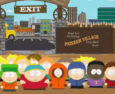 south park characters standing in front of an exit sign