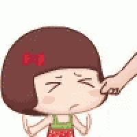 a cartoon girl with a red bow on her head is being touched by another person .