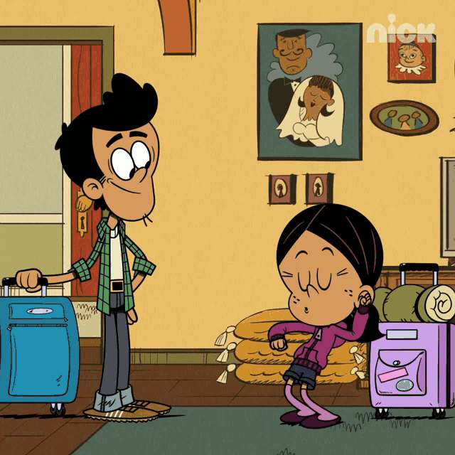 a nick cartoon shows a man and a girl standing in a room with luggage