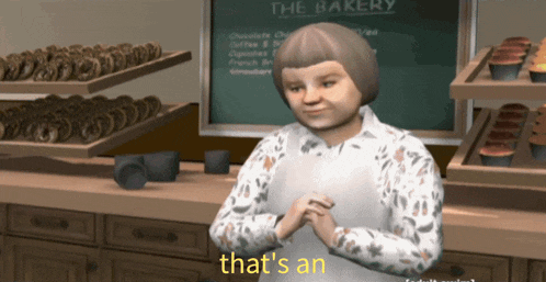 a woman standing in front of a bakery that says " that 's an "