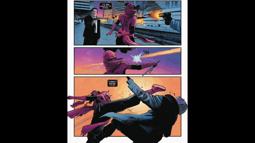 a comic book page shows a man talking to a woman in a pink costume