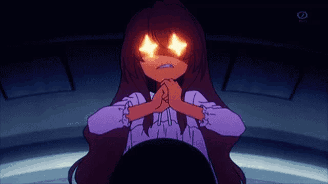 a cartoon of a girl with glowing eyes and the letters tbs on the bottom