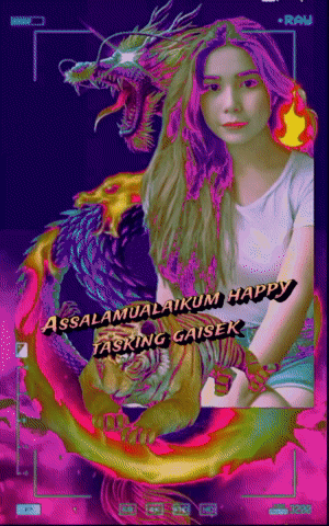 a woman is surrounded by a dragon and a tiger with the words assalamualaikum happy tasking gaishek