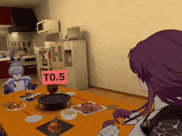 a cartoon character sitting at a table with a sign that says t0.5