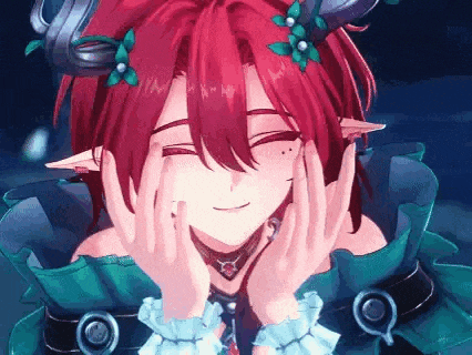 a girl with red hair and horns is making a face with her hands .