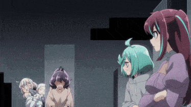 a group of anime girls standing next to each other in a dark room