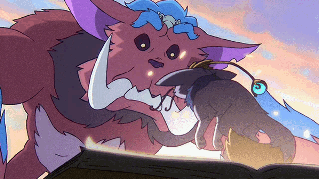 a cartoon drawing of a monster holding a smaller animal in its mouth