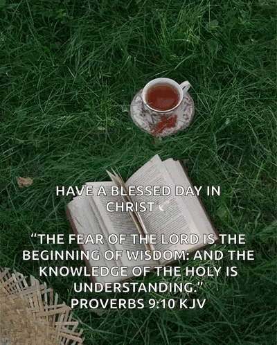 a book and a cup of tea are laying on the grass with a quote from proverbs 9:10 kjv