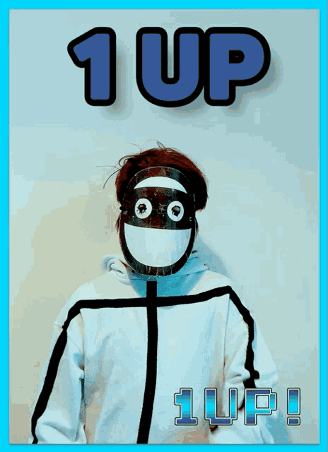 a stick figure wearing a mask with the words 1 up written on it