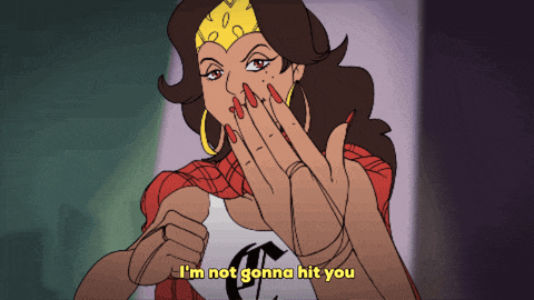 a cartoon of a woman covering her mouth with her hand and the words " i 'm not gonna hit you "