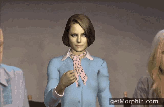 a woman with a scarf around her neck is standing in front of a getmorphin.com banner