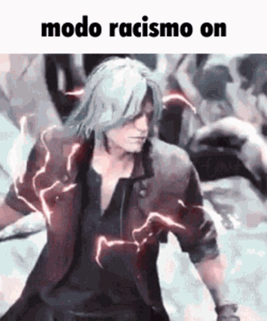 a man with long white hair is standing in front of a crowd of people with lightning coming out of his jacket .