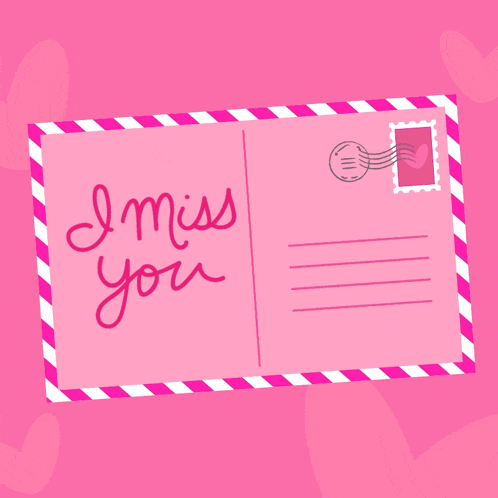 a pink postcard with the words i miss you written on it