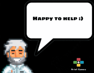 a pixel art character with a speech bubble saying happy to help