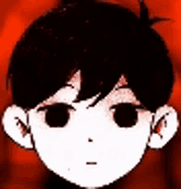 a close up of a boy 's face with black hair and white eyes against a red background .
