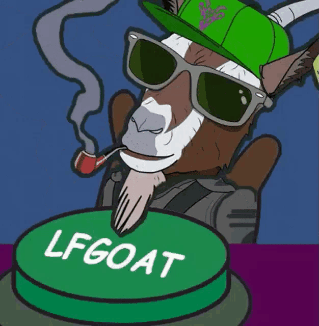 a cartoon of a goat smoking a pipe next to a green button that says lfg goat