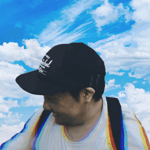 a man wearing a hat that says ' aloha ' on it stands in front of a blue sky