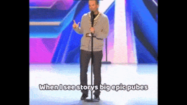 a man is standing in front of a microphone with the words when i see stories big epic pubes on the bottom