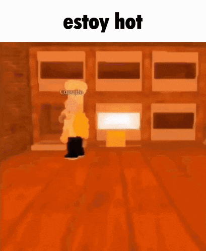a cartoon character is standing in a room with the words `` estoy hot '' written on the bottom .