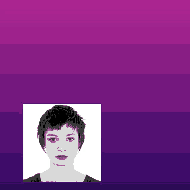 a woman 's face is against a purple background