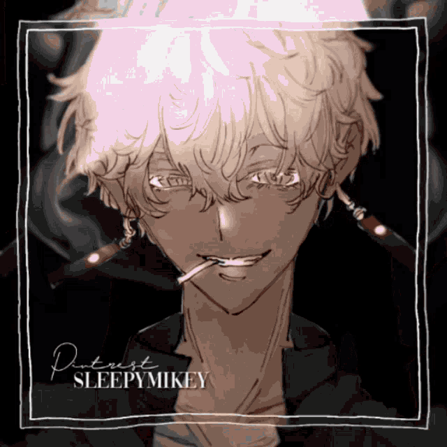 a drawing of a man with a cigarette in his mouth with the name sleepymikey on the bottom