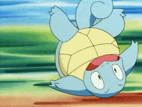 squirtle is a cartoon character that is upside down and looking at the camera .