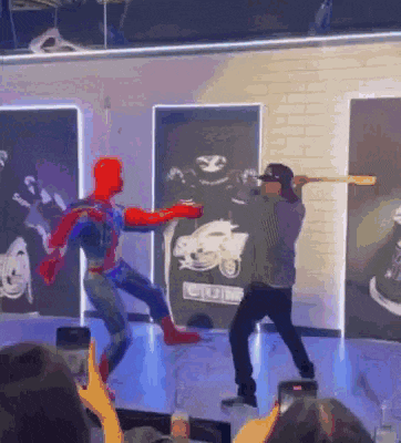 a man in a spiderman costume is standing next to a man in a baseball cap holding a bat .