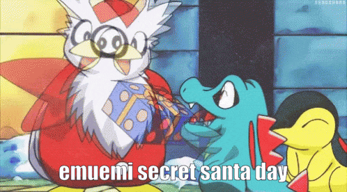 a cartoon says emuemi secret santa day on the bottom right
