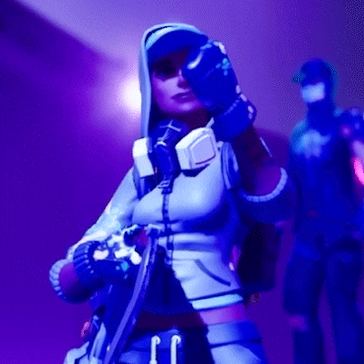 a woman in a hoodie and headphones is holding a gun in a purple room .