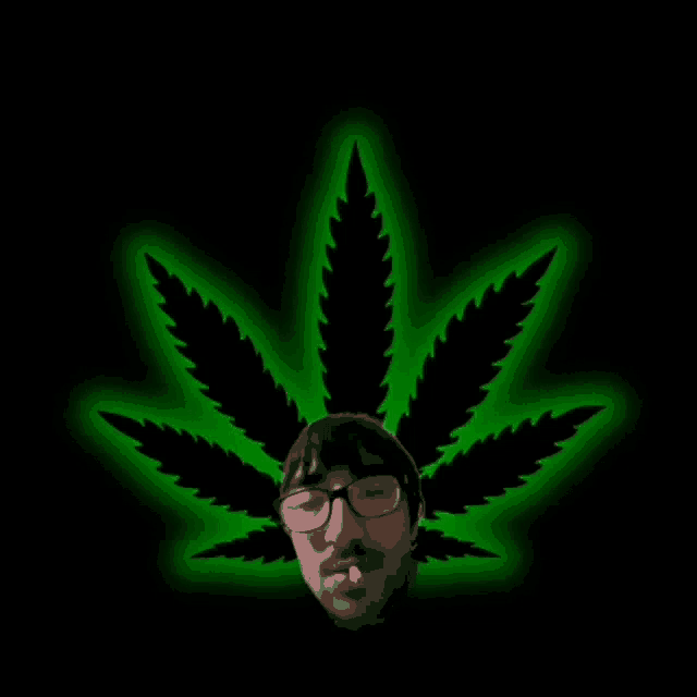 a man smoking a cigarette in front of a green marijuana leaf