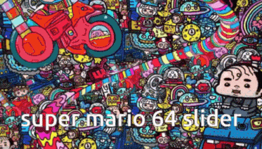a poster for super mario 64 slider shows a colorful background
