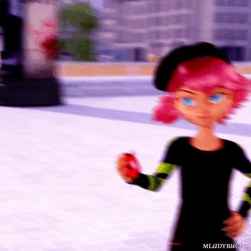 a cartoon character with pink hair and blue eyes is holding a red object in her hand .