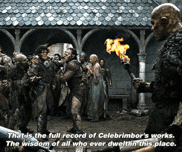 a man holding a torch in front of a group of people with the caption that is the full record of celebrimbor 's works