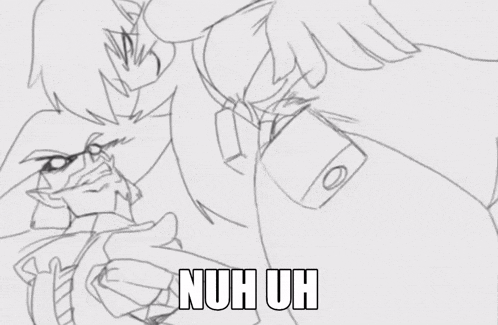 a black and white drawing of a person with the words nuh uh on the bottom