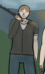 a man with blue eyes is holding a gun