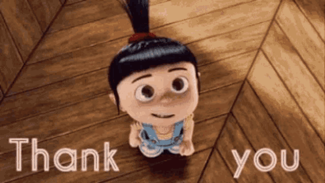a cartoon girl is standing on a wooden floor with the words thank you written on it .