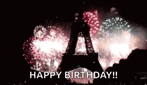 the eiffel tower is surrounded by fireworks and the words `` happy birthday ! ''